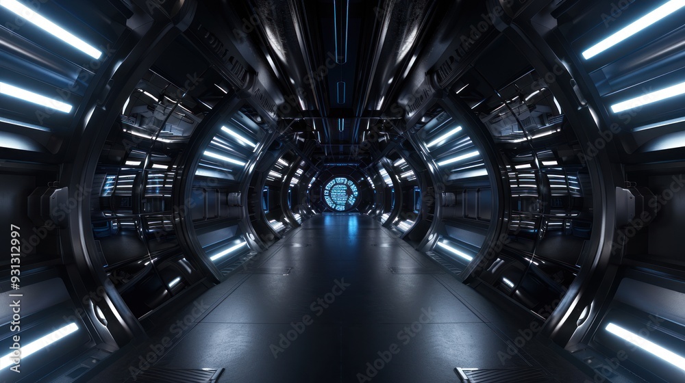 Futuristic Metallic Corridor with Blue Lighting Futuristic Metallic Corridor with Blue Lighting
