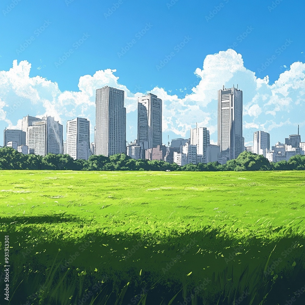 Obraz premium Skyscrapers with the distance green big field
