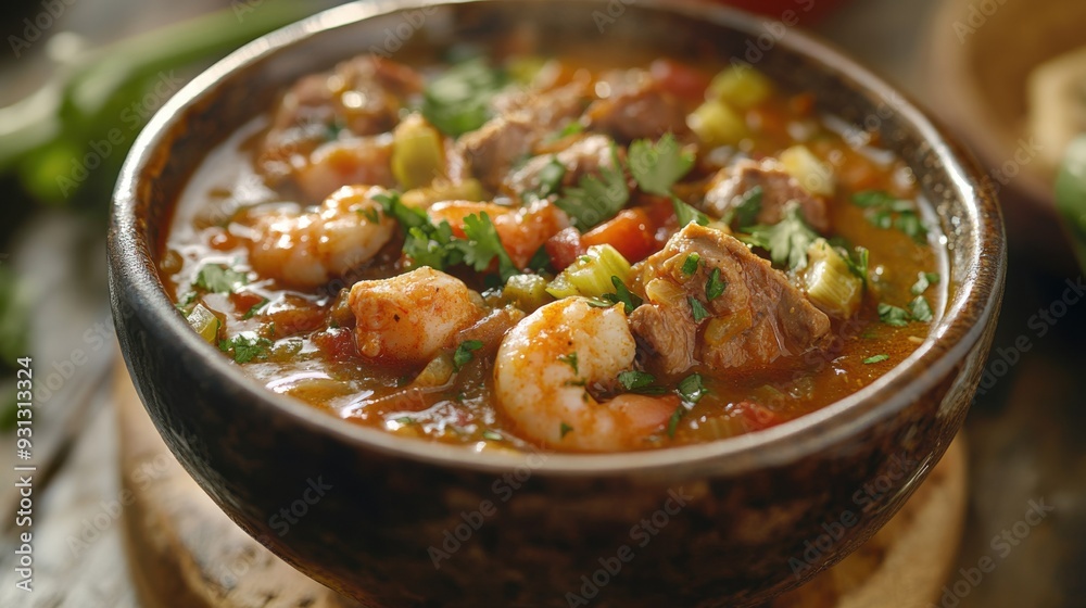 Delicious and Hearty Gumbo: A Flavorful Seafood Stew With Shrimp and Fresh Vegetables Delicious and Hearty Gumbo: A Flavorful Seafood Stew With Shrimp and Fresh Vegetables
