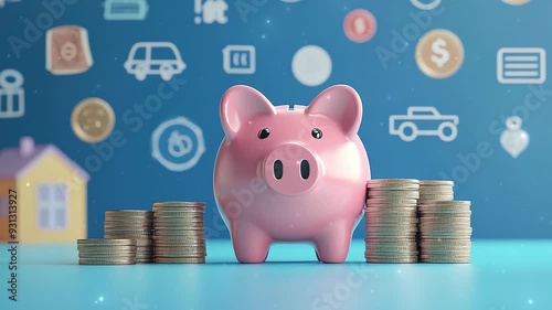 Pink piggy bank stands beside coins and traveling symbol in top, creative financial saving and deposit concept with copy space , 3d render.