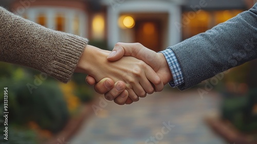 Ultra-Realistic Close-Up of Young Man and Woman Shaking Hands with Real Estate Agent in Front of Home Exterior Background - High-Detail Photography Focused on Handshake Concept