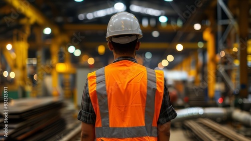 A factory worker man wearing an orange work vest and grey safety helmet, standing back view in a factory. photo