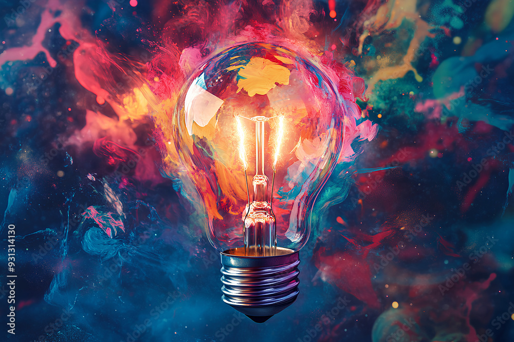 Creative light bulb explodes with colorful paint and colors, New idea, brainstorming concept, dark background Creative light bulb explodes with colorful paint and colors, New idea, brainstorming concept, dark background