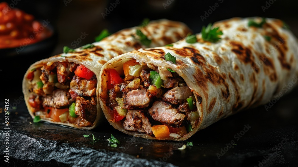 Indulge in a Flavorful Burrito: Grilled Meat and Fresh Vegetables Wrapped to Perfection Indulge in a Flavorful Burrito: Grilled Meat and Fresh Vegetables Wrapped to Perfection