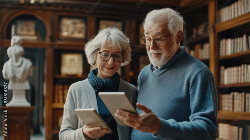 Senior couple browsing online shopping together, discussing potential purchases with Senior couple browsing online shopping together, discussing potential purchases with