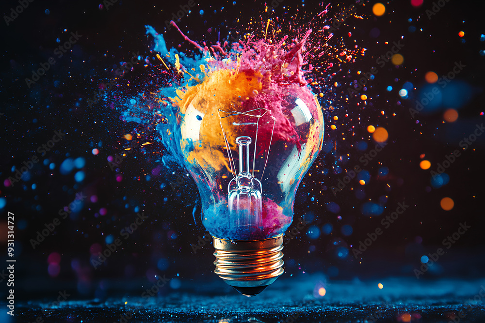 Creative light bulb explodes with colorful paint and colors, New idea, brainstorming concept, dark background Creative light bulb explodes with colorful paint and colors, New idea, brainstorming concept, dark background