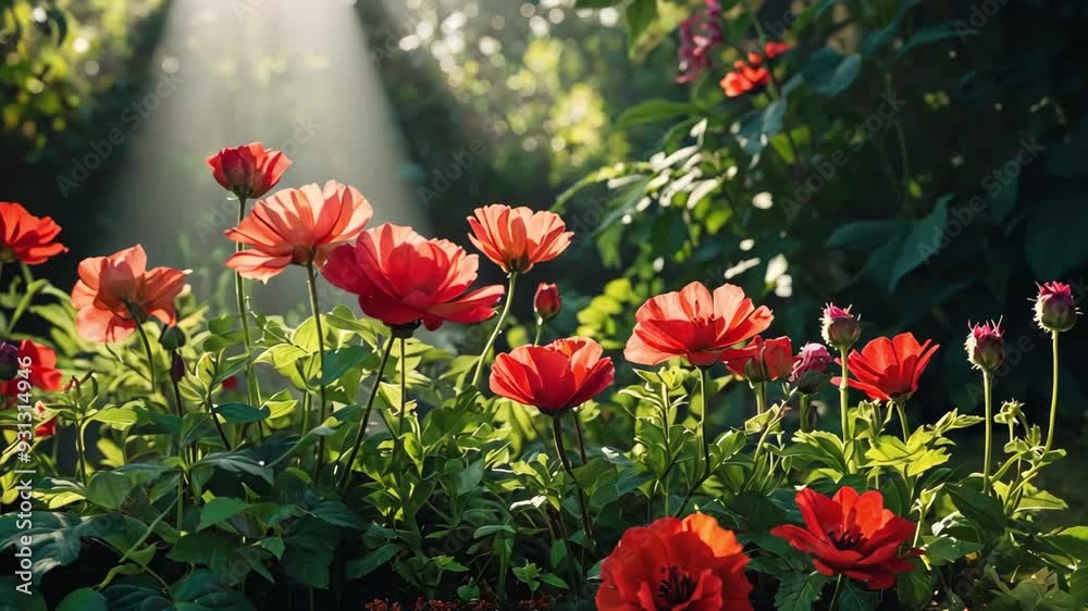 Video animation of vibrant red poppies with green foliage in the foreground, bathed in soft sunlight filtering through trees in the background Video animation of vibrant red poppies with green foliage in the foreground, bathed in soft sunlight filtering through trees in the background