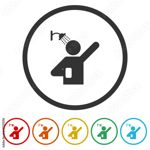 Man taking shower logo. Set icons in color circle buttons