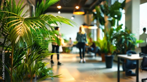 People walking on green office space, motion blur effect, environment concept

