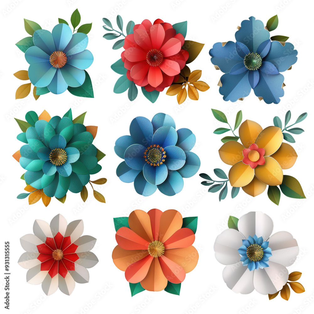 Colorful Paper Art Style Flowers Isolated on Transparent or White Background, PNG Colorful Paper Art Style Flowers Isolated on Transparent or White Background, PNG