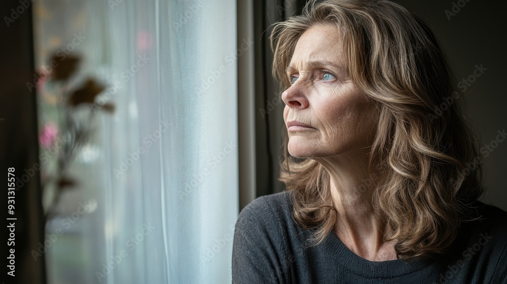 Contemplative Middle-Aged Woman Gazing Out Window in Thoughtful Solitude Contemplative Middle-Aged Woman Gazing Out Window in Thoughtful Solitude