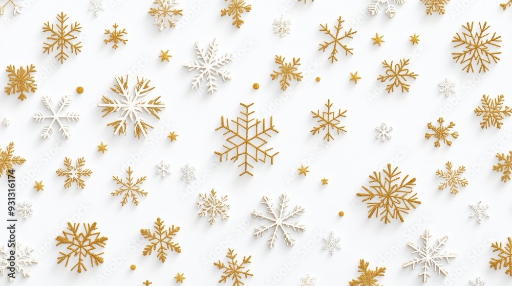 Elegant Geometric Snowflake Pattern with Golden Accents on White Background for Holiday Design Elegant Geometric Snowflake Pattern with Golden Accents on White Background for Holiday Design