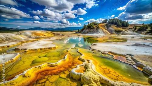 Aged remnants of volcanic activity, petrified sulphur deposits adorn the earth, their yellowish-green hue a testament to ancient fires that once raged beneath the surface. photo