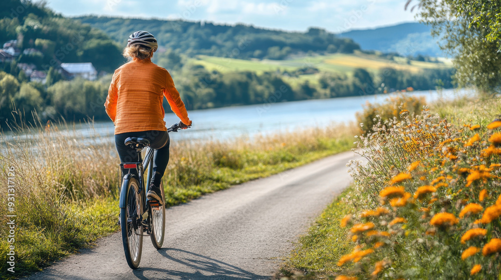Fototapeta premium Senior woman cycling along a picturesque path, enjoying her active lifestyle and the beauty