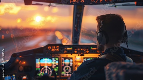 Pilot in Cockpit Sunset Flight