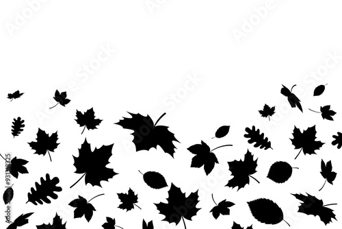 Autumn leaves falling silhouettes background. Black fall leaves random falling on white background