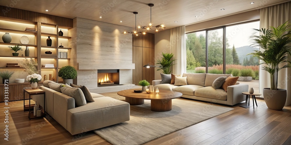 Fototapeta premium * A warm minimalist home remodel features clean lines, neutral tones, cozy ambiance, and sleek finishes, all infused with soft, warm lighting.