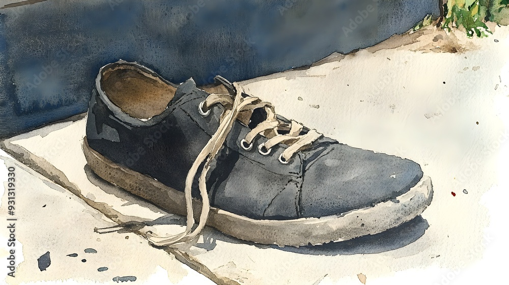 Naklejka premium Discarded Black Shoe with Frayed Laces Sitting on Curb in Watercolor Painting