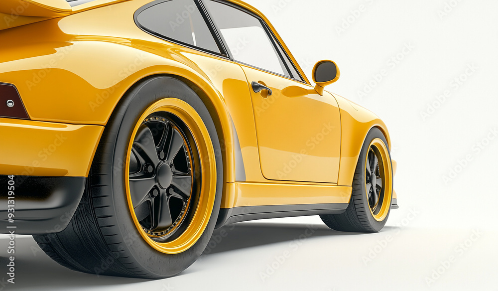 Sports car in yellow, red, black. An advertisement for a car dealership.