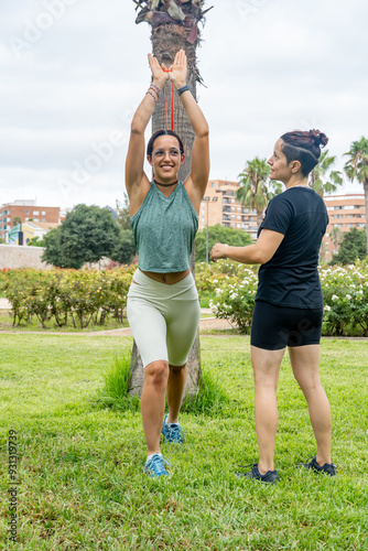 Exercise session with resistance bands in a natural setting