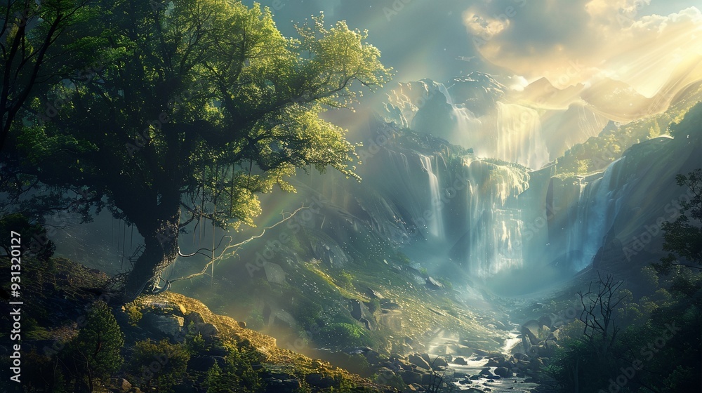 a painting of a waterfall in a forest a painting of a waterfall in a forest
