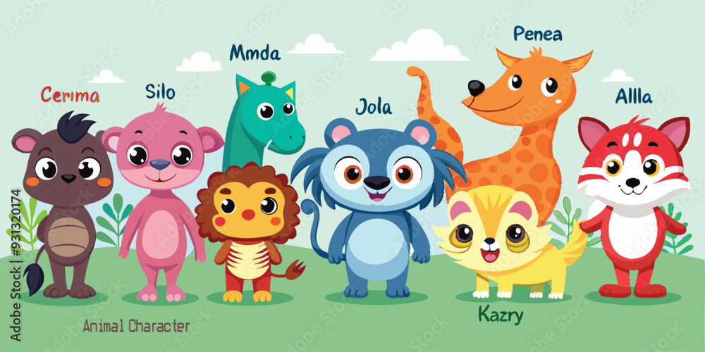 Naklejka premium Set of animal cartoon character wildlife fauna vector illustrations