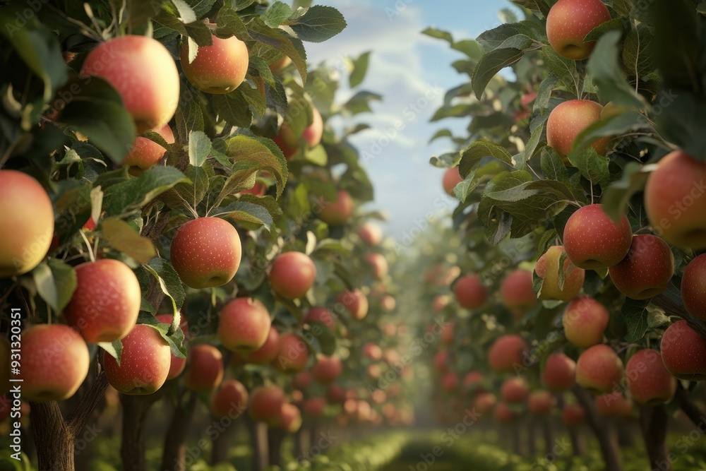 A lush apple orchard under a clear sky, showcasing ripe apples hanging from trees, perfect for evoking nature's bounty. A lush apple orchard under a clear sky, showcasing ripe apples hanging from trees, perfect for evoking nature's bounty.