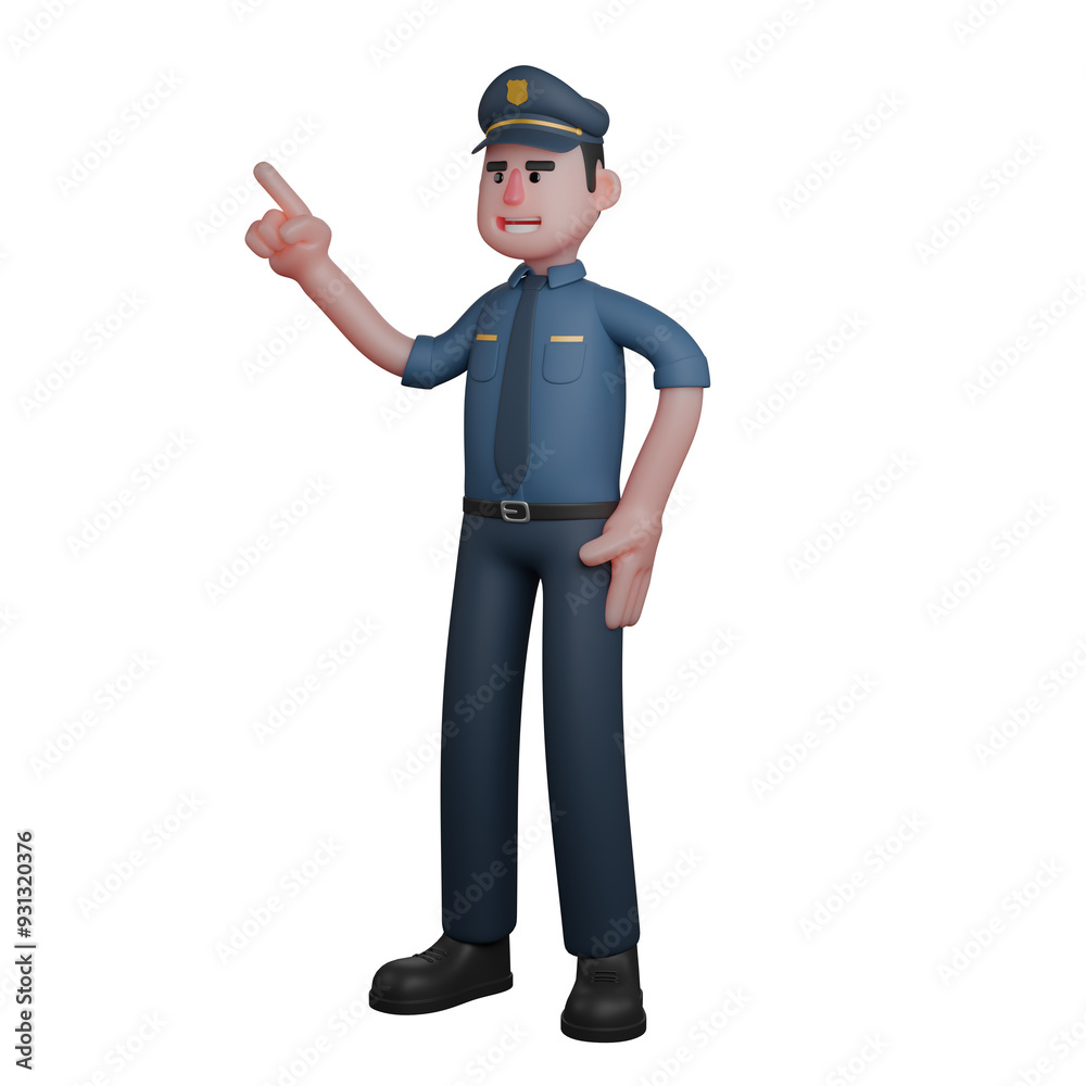 3D Law Character. A police officer is pointing forward with his right index finger. Male Police Illustration 3D Law Character. A police officer is pointing forward with his right index finger. Male Police Illustration