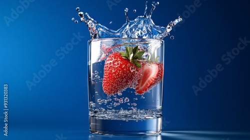 A vibrant splash of water with a fresh strawberry in a glass, set against a striking blue background, capturing refreshing moments. photo