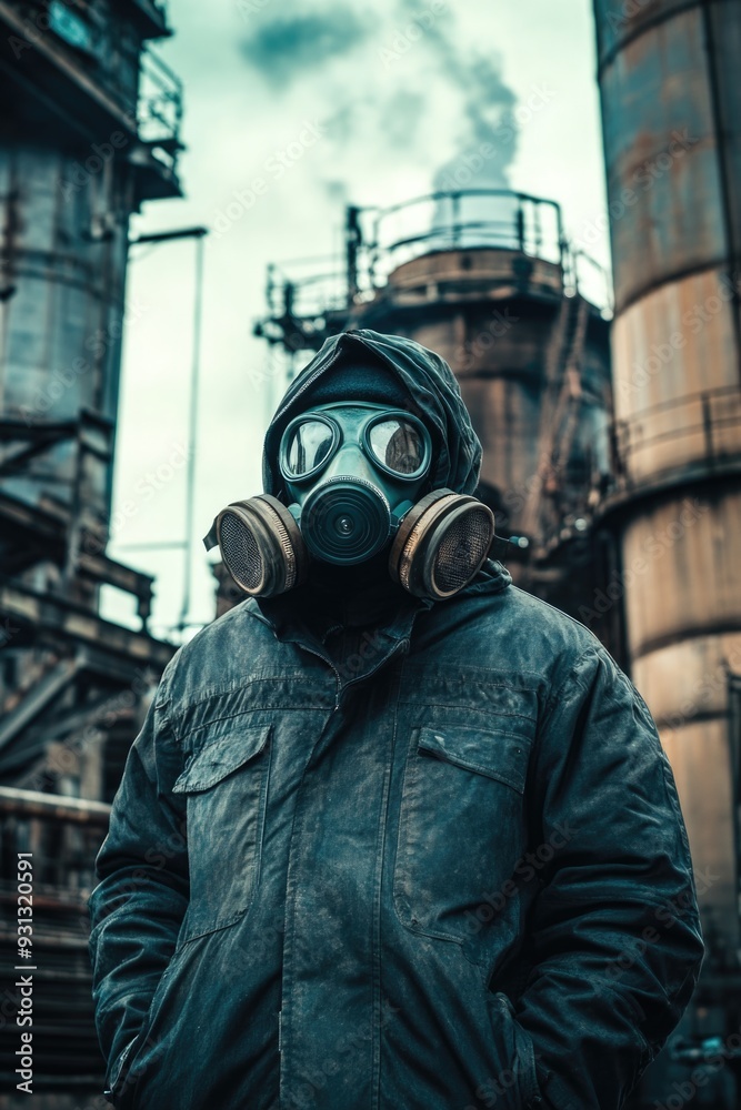 Man in Gas Mask at Factory Man in Gas Mask at Factory