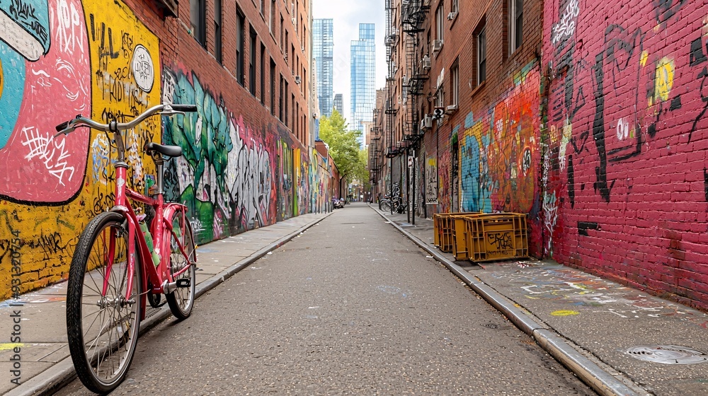 Fototapeta premium Urban Alleyway with Graffiti and Red Bicycle.
