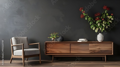 An armchair, a wooden sideboard, and flowers on the table are shown in this mockup of the interior design of a modern living room with dark gray walls.