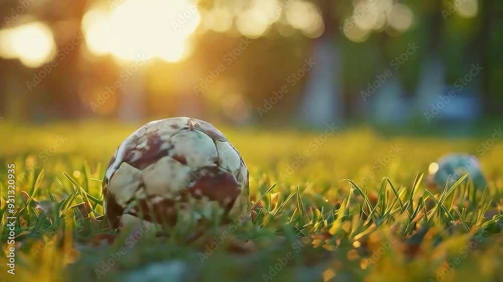 A soccer ball is sitting on the grass in the sunlight A soccer ball is sitting on the grass in the sunlight