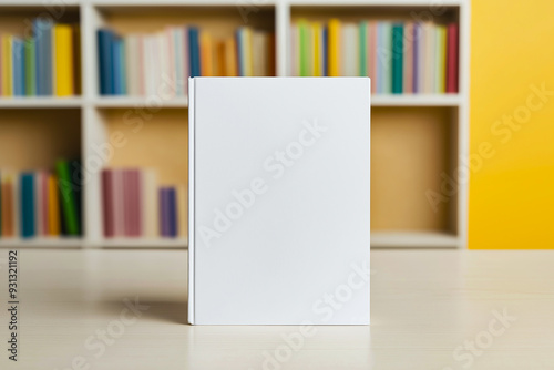 A blank white book stand on a shelf with colorful books. The bookshelf kid book mockup concept	
