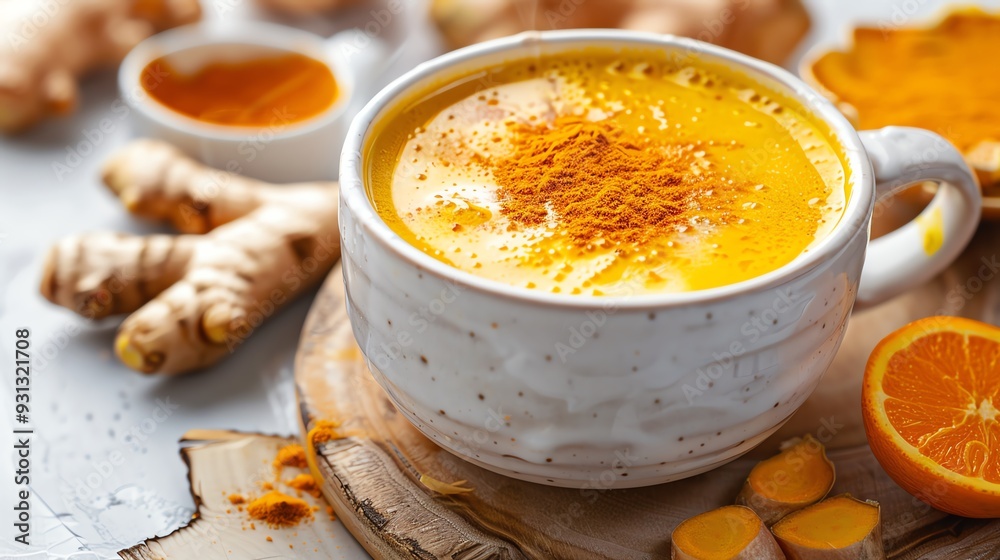 A warm mug of golden turmeric latte surrounded by fresh ginger and sliced orange, evoking a sense of comfort and wellness. A warm mug of golden turmeric latte surrounded by fresh ginger and sliced orange, evoking a sense of comfort and wellness.