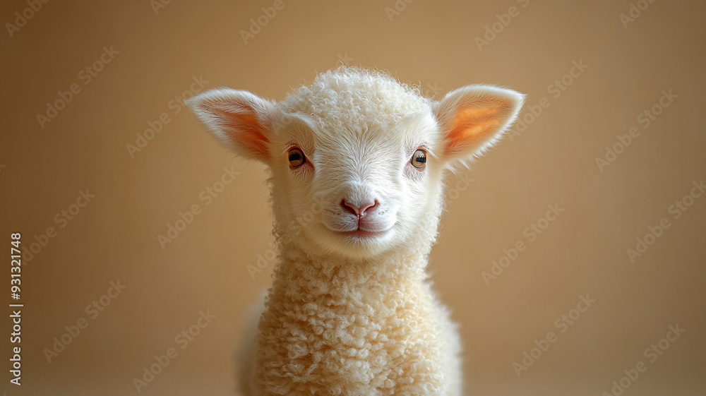 Fototapeta premium A little lamb. Lamb on the straw. Lamb on wool. A lamb in a Santa hat.