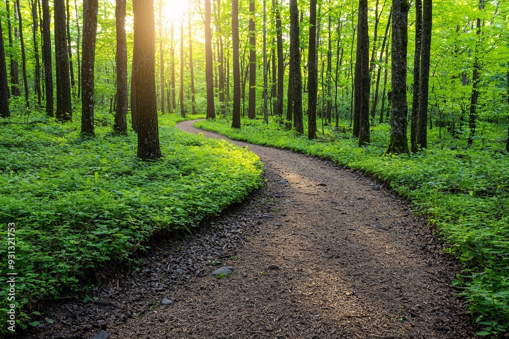 Obraz premium Winding Path through a Sun Dappled Forest.