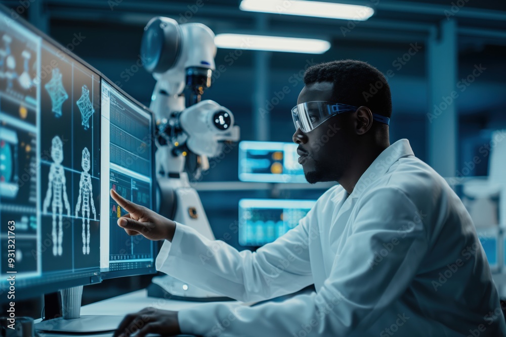 A man in a lab coat is pointing at a computer monitor displaying a 3D image of a human body A man in a lab coat is pointing at a computer monitor displaying a 3D image of a human body