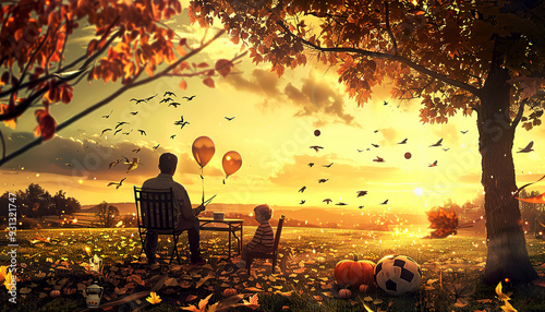 Father and Son Enjoying a Fall Sunset with Balloons and Birds