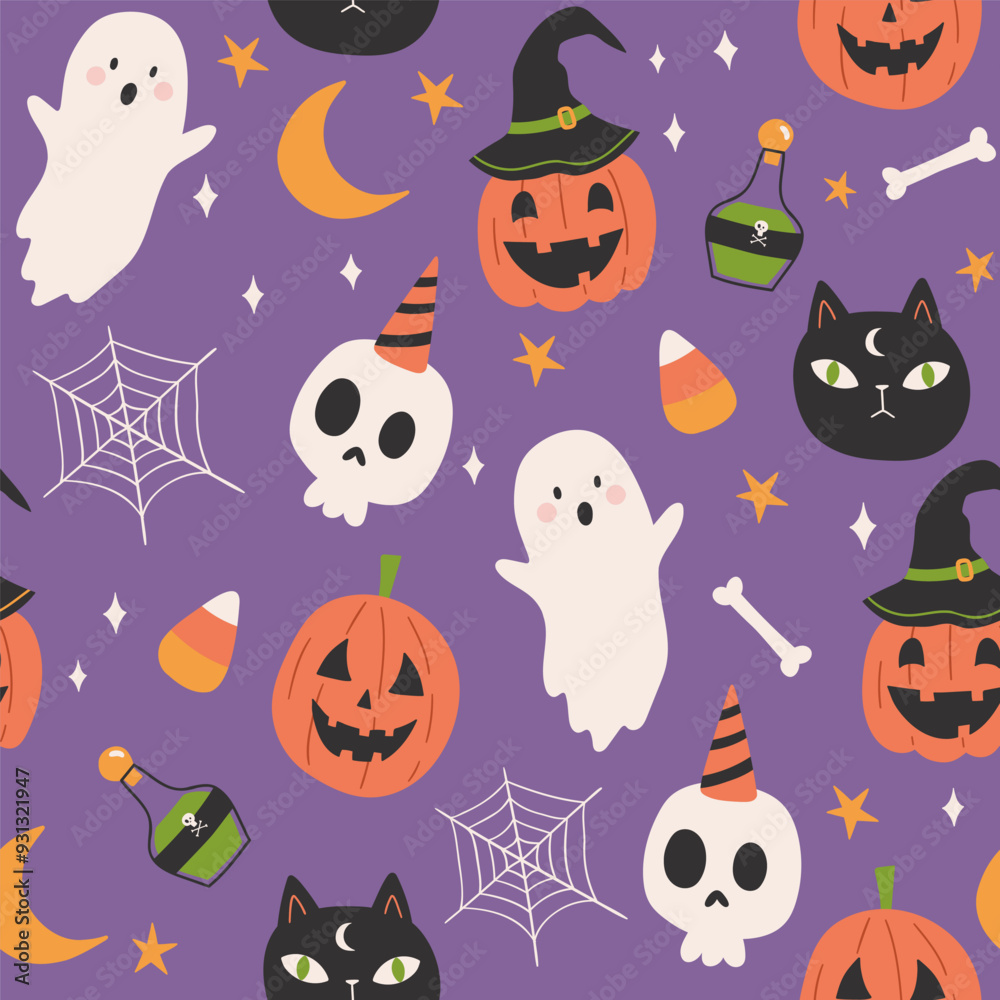 Seamless vector pattern for Halloween design with ghost, cats, pumpkin, hats, skull on violet background. Vector illustration of Halloween party. For fabric, textile, wrapping paper, gift wrapping Seamless vector pattern for Halloween design with ghost, cats, pumpkin, hats, skull on violet background. Vector illustration of Halloween party. For fabric, textile, wrapping paper, gift wrapping
