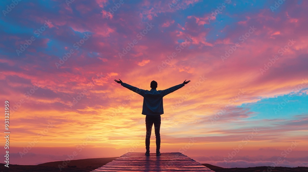 Fototapeta premium Man Silhouetted Against Dramatic Sunset Sky.
