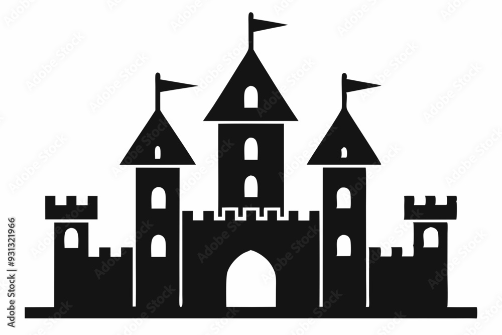 silhouette of a castle with tower and flags. castle icon vector illustration 