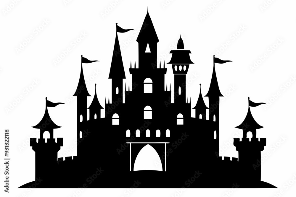 silhouette of a castle with tower and flags. castle icon vector illustration silhouette of a castle with tower and flags. castle icon vector illustration