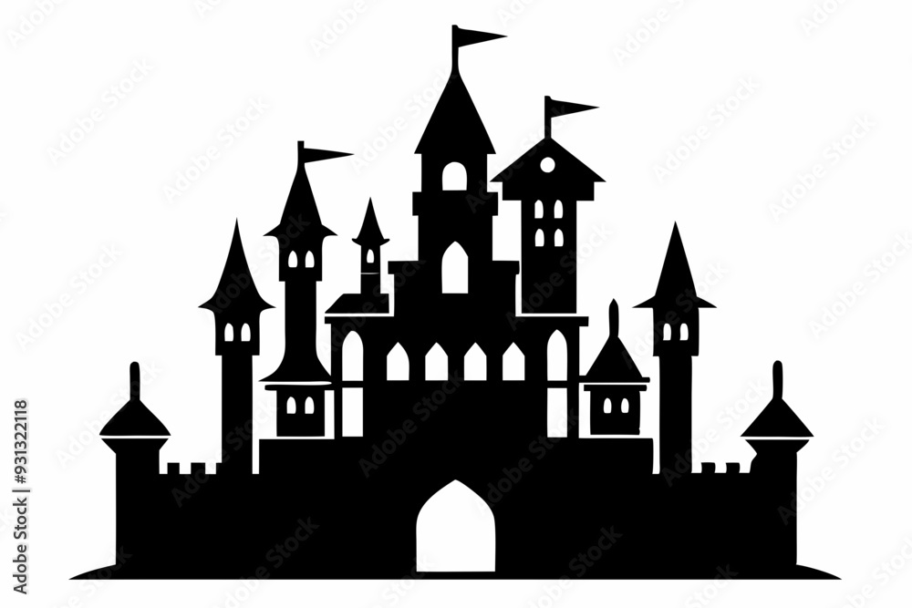 silhouette of a castle with tower and flags. castle icon vector illustration silhouette of a castle with tower and flags. castle icon vector illustration