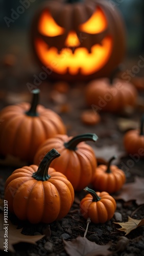 Small pumpkins on the ground with a glowing jack-o'-lantern in the background