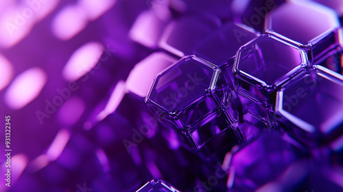 Close-up of hexagonal transparent structures illuminated by purple light