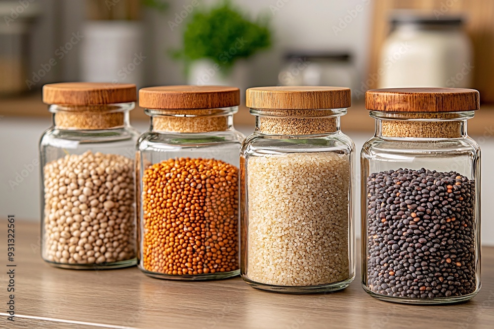 Four Glass Jars Filled with Different Seeds. Four Glass Jars Filled with Different Seeds.