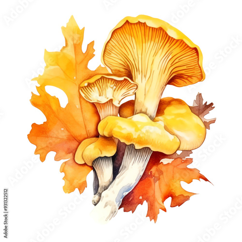 Watercolor Chanterelle, Mushroom Element, watercolor illustration, isolated on white background, PNG