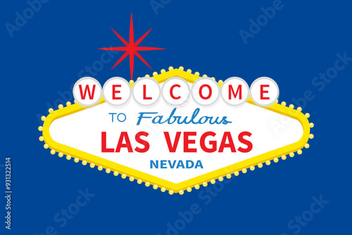 Welcome to Las Vegas sign icon. Red star. Nevada sight showplace. Classic retro symbol. Template for greeting card, banner, sticker print. Flat design. Isolated. Blue background. Vector illustration