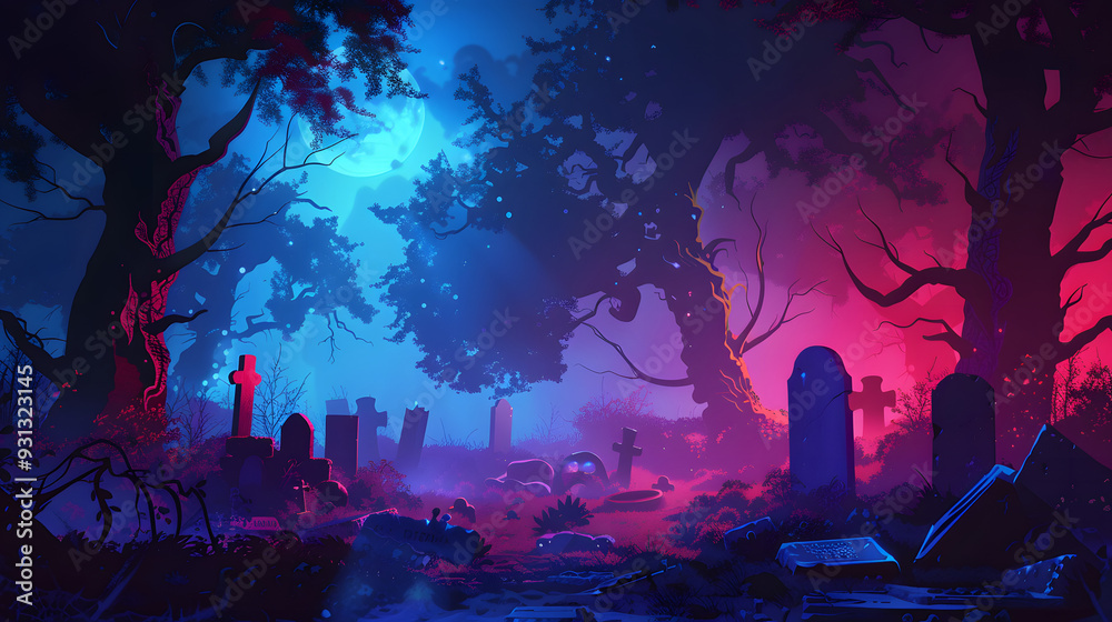 Fototapeta premium A dark and mysterious graveyard at night, illuminated by eerie blue and red lighting. Trees and tombstones cast haunting shadows, creating a spooky, atmospheric scene.